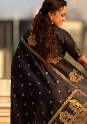 Black silk blend saree with golden zari motifs & ribl woven pallu | traditional festive wear saree 4