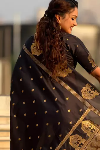 Black silk blend saree with golden zari motifs & ribl woven pallu | traditional festive wear saree