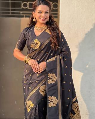 Black silk blend saree with golden zari motifs & ribl woven pallu | traditional festive wear saree 5