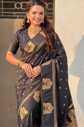 Black silk blend saree with golden zari motifs & ribl woven pallu | traditional festive wear saree