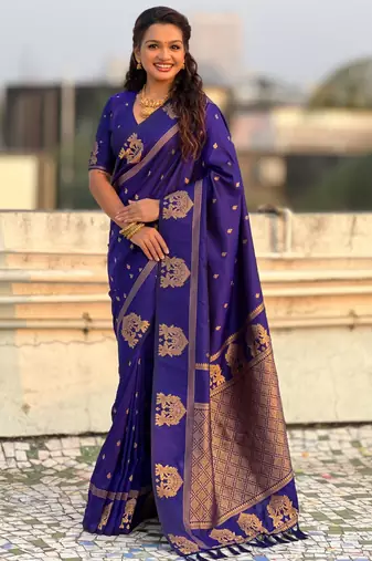 Blue silk blend saree with golden zari motifs & ribl woven pallu | traditional festive wear saree