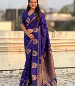 Blue silk blend saree with golden zari motifs & ribl woven pallu | traditional festive wear saree