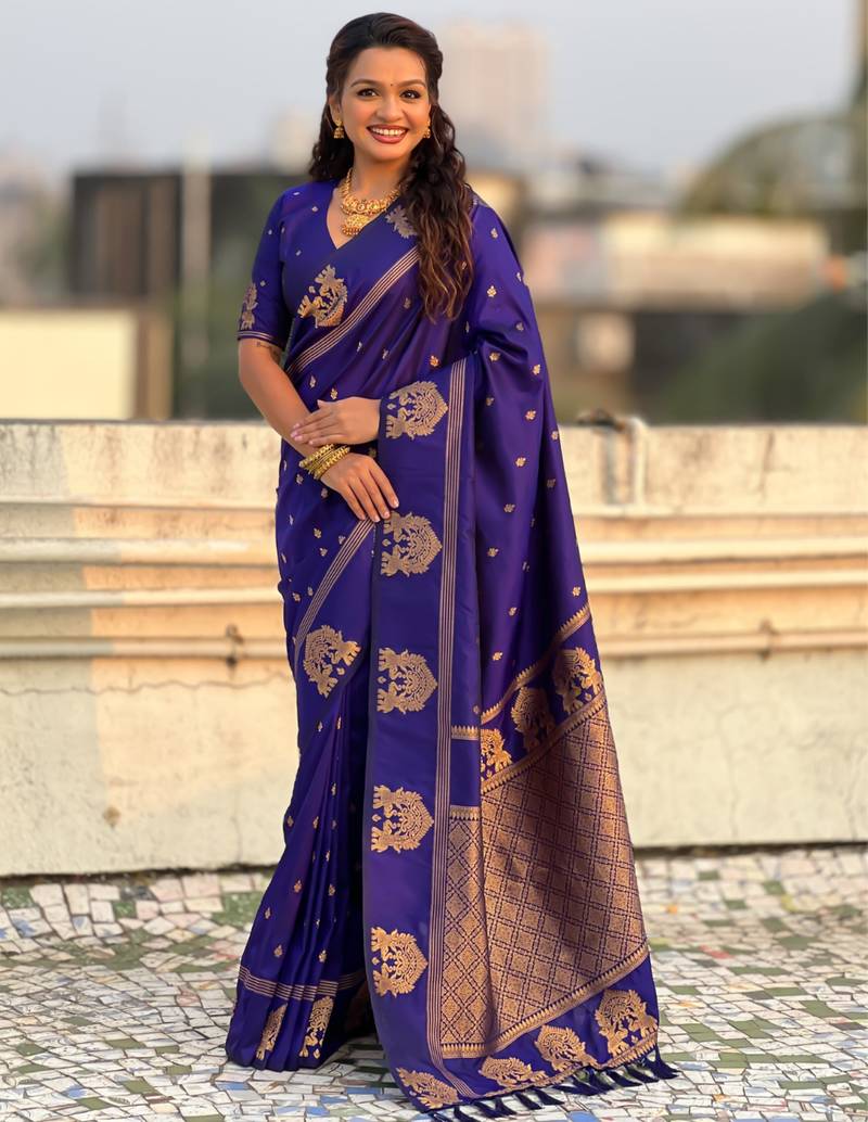 Blue silk blend saree with golden zari motifs & ribl woven pallu | traditional festive wear saree