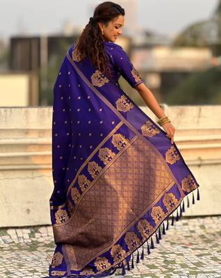 Blue silk blend saree with golden zari motifs & ribl woven pallu | traditional festive wear saree 2