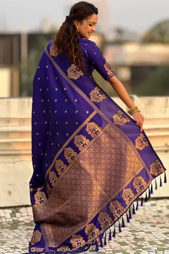 Blue silk blend saree with golden zari motifs & ribl woven pallu | traditional festive wear saree
