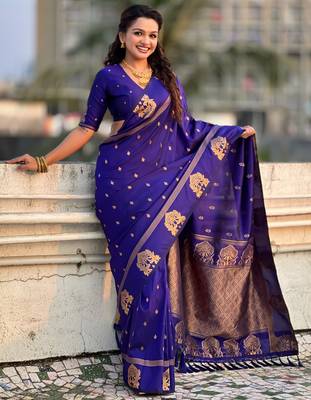 Blue silk blend saree with golden zari motifs & ribl woven pallu | traditional festive wear saree 3