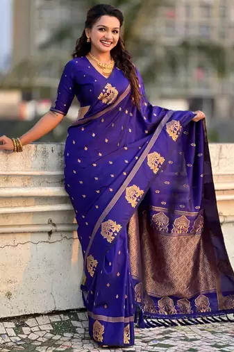 Blue silk blend saree with golden zari motifs & ribl woven pallu | traditional festive wear saree