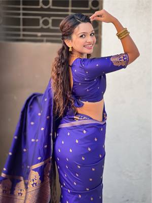 Blue silk blend saree with golden zari motifs & ribl woven pallu | traditional festive wear saree 4