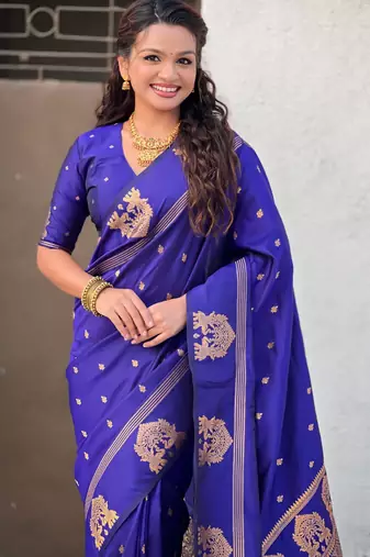 Blue silk blend saree with golden zari motifs & ribl woven pallu | traditional festive wear saree