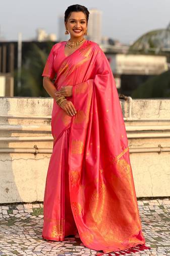 Pink silk blend saree with golden zari motifs & ripi woven pallu | traditional festive wear saree