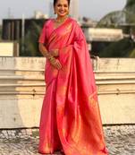 Pink silk blend saree with golden zari motifs & ripi woven pallu | traditional festive wear saree