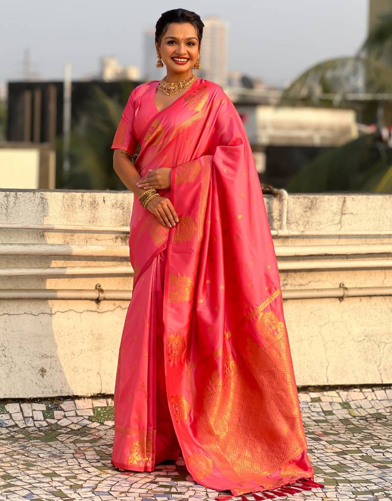 Pink silk blend saree with golden zari motifs & ripi woven pallu | traditional festive wear saree