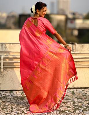 Pink silk blend saree with golden zari motifs & ripi woven pallu | traditional festive wear saree 2