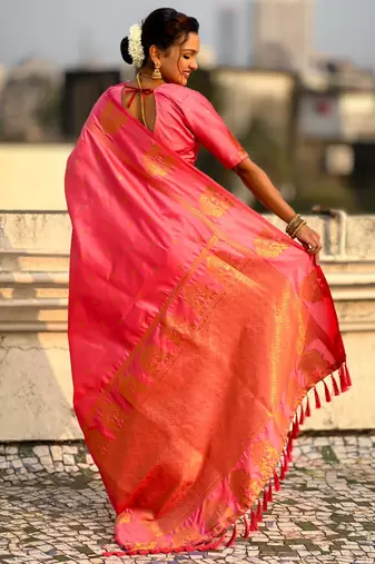 Pink silk blend saree with golden zari motifs & ripi woven pallu | traditional festive wear saree