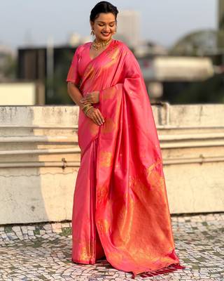 Pink silk blend saree with golden zari motifs & ripi woven pallu | traditional festive wear saree 3