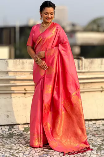 Pink silk blend saree with golden zari motifs & ripi woven pallu | traditional festive wear saree