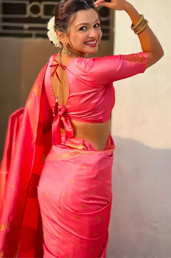 Pink silk blend saree with golden zari motifs & ripi woven pallu | traditional festive wear saree