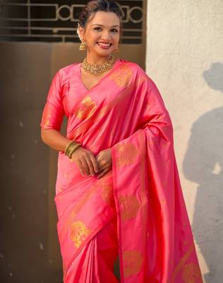 Pink silk blend saree with golden zari motifs & ripi woven pallu | traditional festive wear saree 5