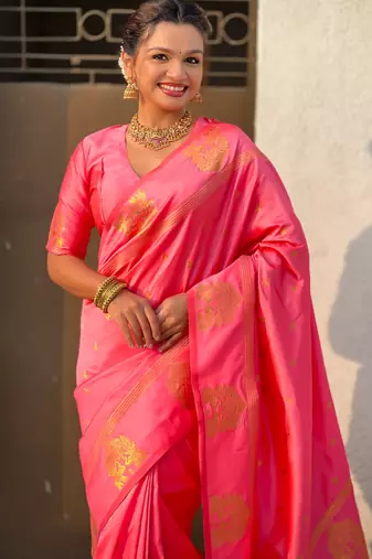 Pink silk blend saree with golden zari motifs & ripi woven pallu | traditional festive wear saree