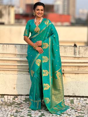 Teal silk blend saree with golden zari motifs & rite woven pallu | traditional festive wear saree 1