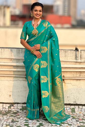 Teal silk blend saree with golden zari motifs & rite woven pallu | traditional festive wear saree