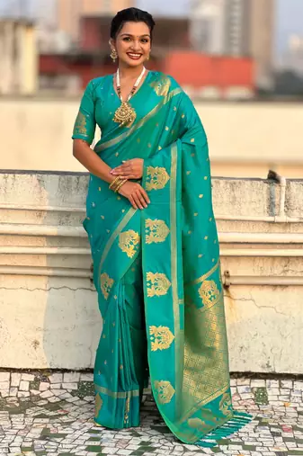 Teal silk blend saree with golden zari motifs & rite woven pallu | traditional festive wear saree