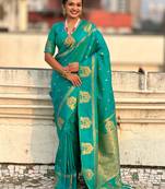 Teal silk blend saree with golden zari motifs & rite woven pallu | traditional festive wear saree