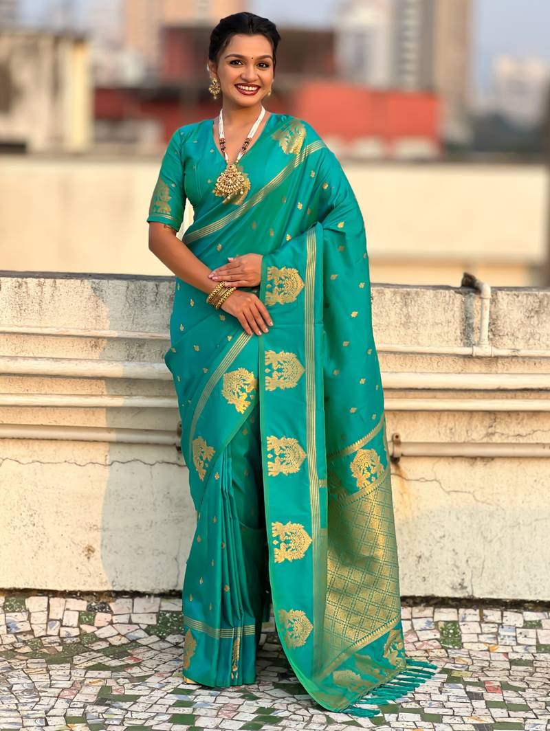 Teal silk blend saree with golden zari motifs & rite woven pallu | traditional festive wear saree