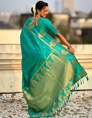 Teal silk blend saree with golden zari motifs & rite woven pallu | traditional festive wear saree 2