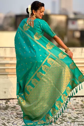 Teal silk blend saree with golden zari motifs & rite woven pallu | traditional festive wear saree