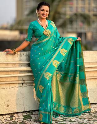 Teal silk blend saree with golden zari motifs & rite woven pallu | traditional festive wear saree 3