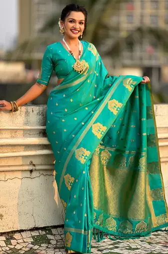 Teal silk blend saree with golden zari motifs & rite woven pallu | traditional festive wear saree
