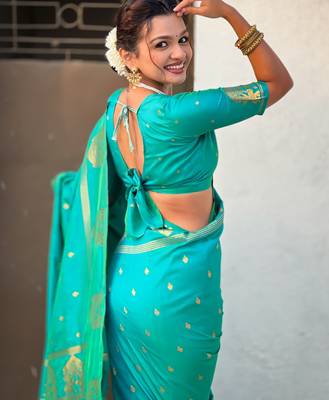 Teal silk blend saree with golden zari motifs & rite woven pallu | traditional festive wear saree 4