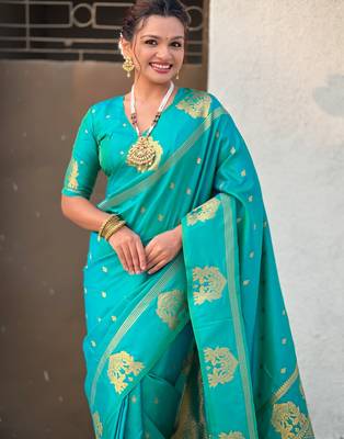 Teal silk blend saree with golden zari motifs & rite woven pallu | traditional festive wear saree 5