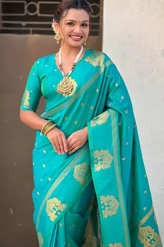 Teal silk blend saree with golden zari motifs & rite woven pallu | traditional festive wear saree
