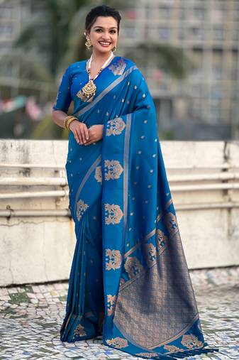 Navy blue silk blend saree with golden zari motifs & rina woven pallu | tnaditional festive wear saree