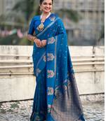 Navy blue silk blend saree with golden zari motifs & rina woven pallu | tnaditional festive wear saree