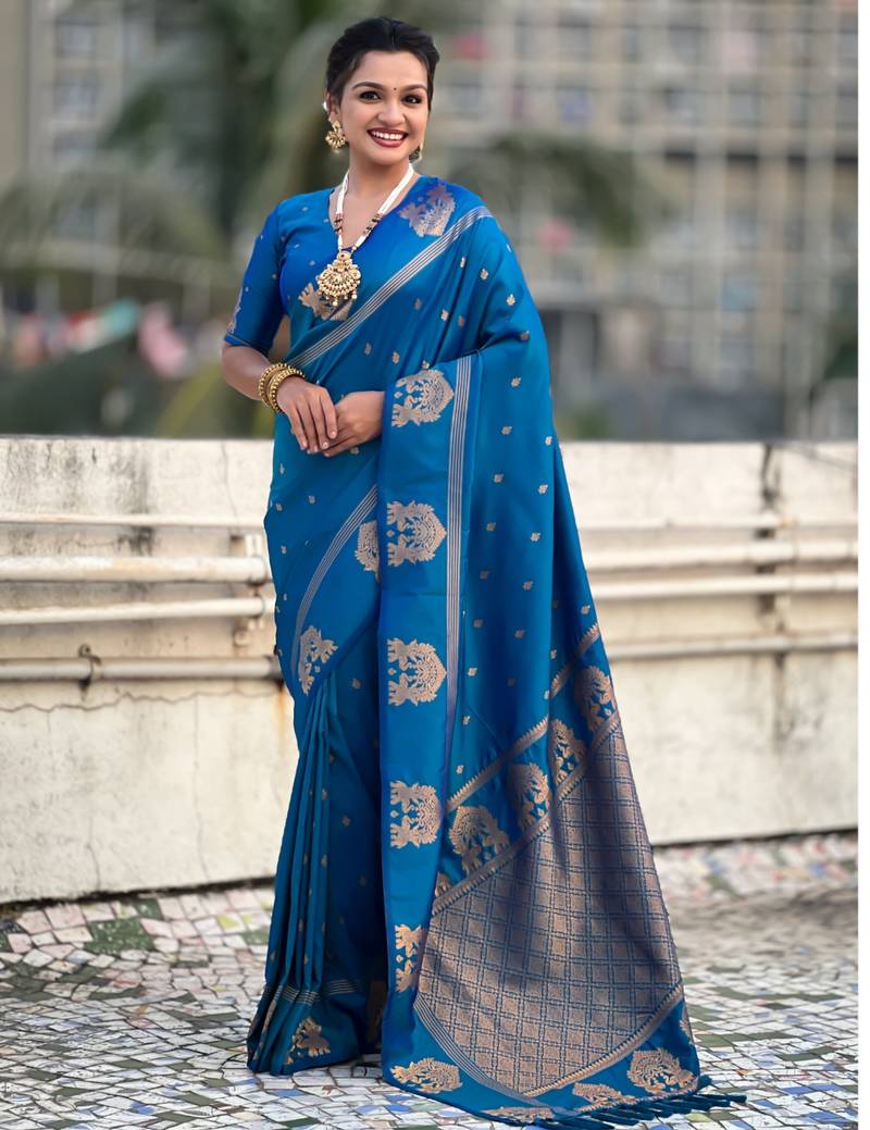 Navy blue silk blend saree with golden zari motifs & rina woven pallu | tnaditional festive wear saree