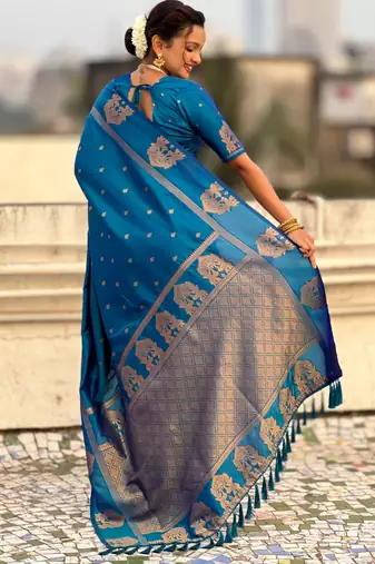 Navy blue silk blend saree with golden zari motifs & rina woven pallu | tnaditional festive wear saree