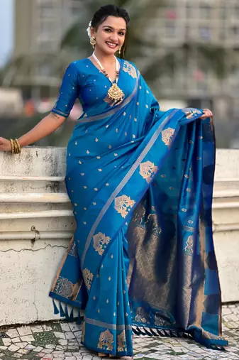 Navy blue silk blend saree with golden zari motifs & rina woven pallu | tnaditional festive wear saree