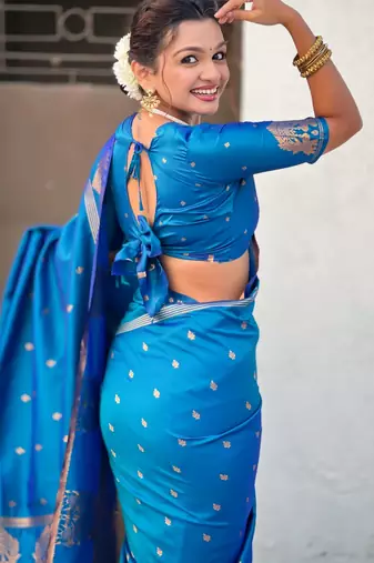 Navy blue silk blend saree with golden zari motifs & rina woven pallu | tnaditional festive wear saree