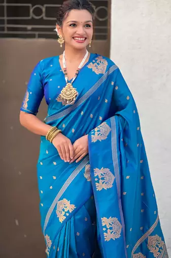 Navy blue silk blend saree with golden zari motifs & rina woven pallu | tnaditional festive wear saree