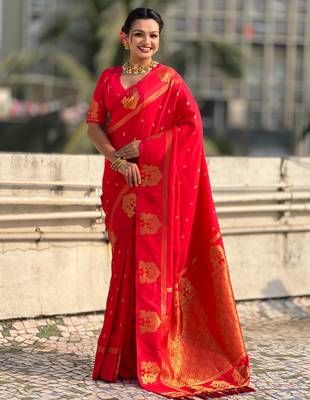 Red silk blend saree with golden zari motifs & rire woven pallu | traditional festive wear saree 1