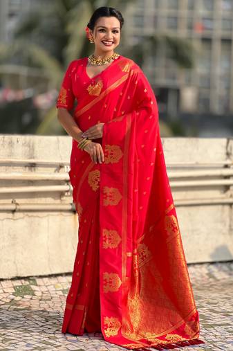 Red silk blend saree with golden zari motifs & rire woven pallu | traditional festive wear saree