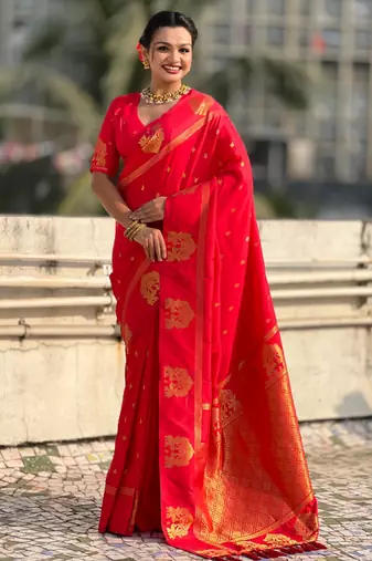 Red silk blend saree with golden zari motifs & rire woven pallu | traditional festive wear saree