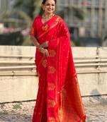 Red silk blend saree with golden zari motifs & rire woven pallu | traditional festive wear saree