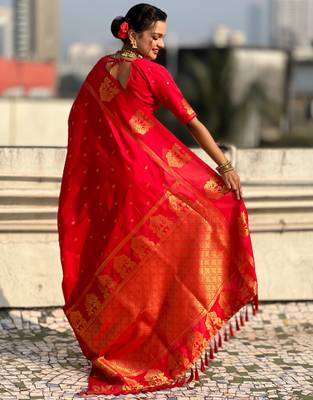 Red silk blend saree with golden zari motifs & rire woven pallu | traditional festive wear saree 2