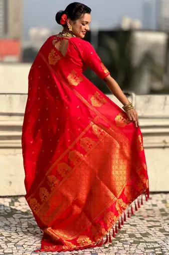 Red silk blend saree with golden zari motifs & rire woven pallu | traditional festive wear saree