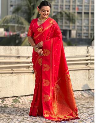 Red silk blend saree with golden zari motifs & rire woven pallu | traditional festive wear saree 3