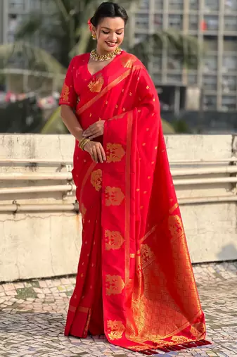 Red silk blend saree with golden zari motifs & rire woven pallu | traditional festive wear saree